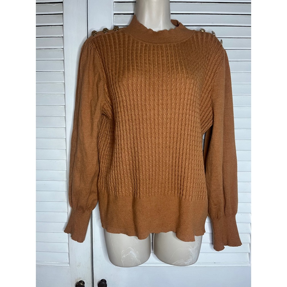 Adrianna Papell Rust Brown Cable Knit Mock Neck Button Shoulder Sweater XL